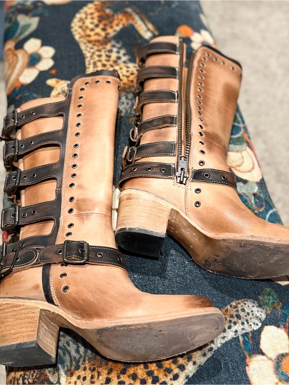freebird Tan Leather Strappy Buckle Mid-Calf Heeled Boots - Picture 2 of 3